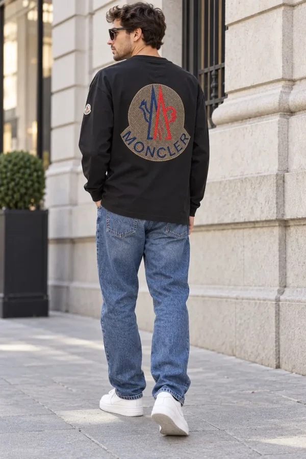შავი Moncler გრძელმკლავიანი ზედა შავი Moncler გრძელმკლავიანი ზედა